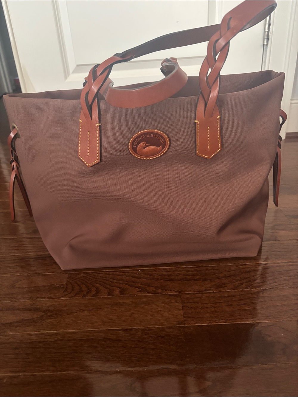 Dooney & Bourke Brown Nylon Tote with Tan Braided Leather Handles